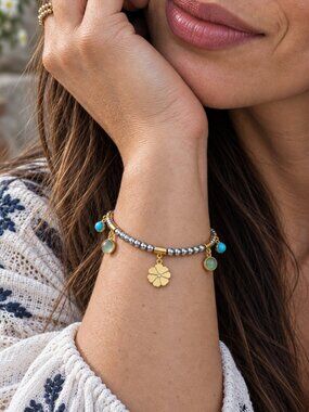 18K Gold Two Tone Flower Charm Bracelet Stainless Steel Beaded Turquoise Boho